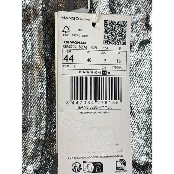 MNG Womens 12 Silver Foil Straight Wide Leg Denim Jeans Evening Wear NEW - Picture 6 of 11